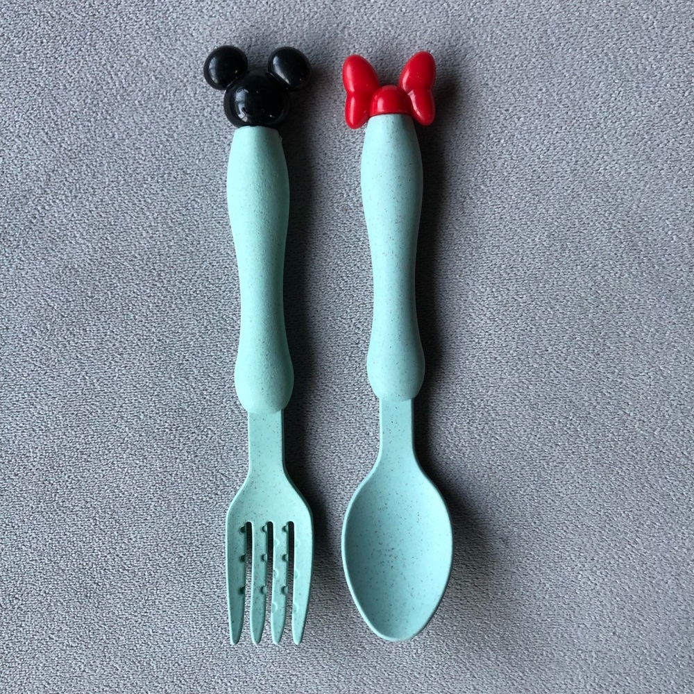 Set of 2 Utensils ~ Spoon & Fork ~ Minnie Mickey ~ Green ~ Brand New!